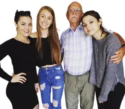 Kathryn Prescott with her grand dad and sisters