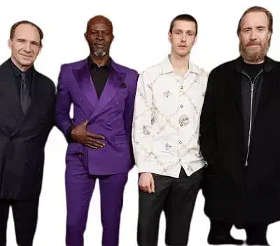 Harris Dickinson with Djimon Hounsou, Ralph Fiennes and Rhys Ifans