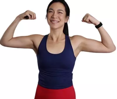 Actress Regina Ting Chen flexing muscles