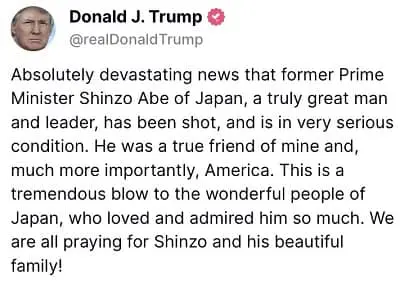 Donald Trump reaction after Shinzo Abe's death