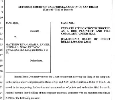 Image of complaint filed against Matt Araiza by Jane Doe