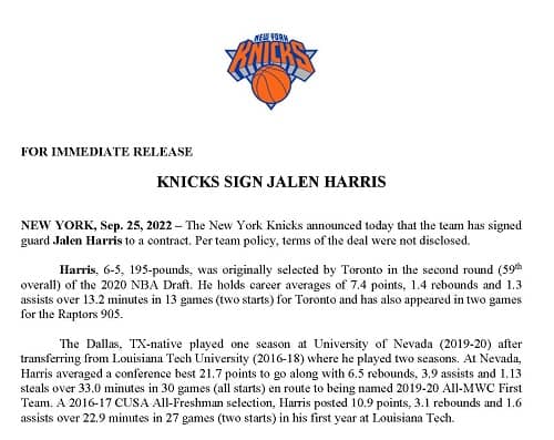 New York Knicks signed Jalen Harris