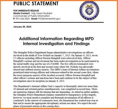 Statement released Memphis Police Department