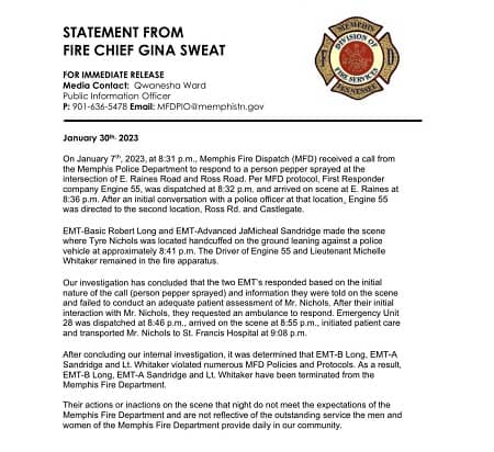 Statement released by Memphis Fire Department