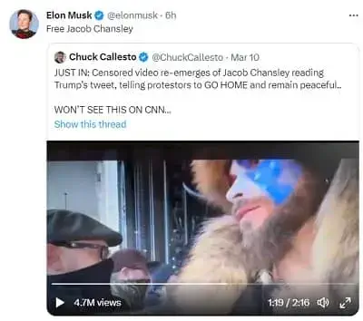 Elon Musk Tweet about Jake Angeli