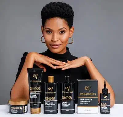 Gail Mabalane promoting Ethnogenics Hair Care Products
