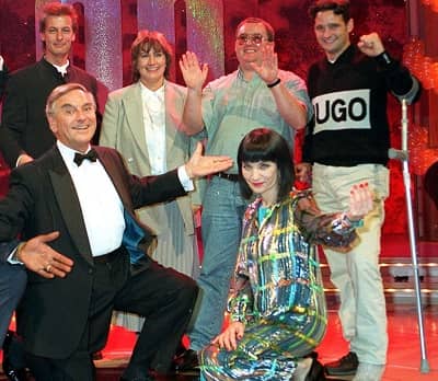 Mystic Meg with National Lottery presenters and winners