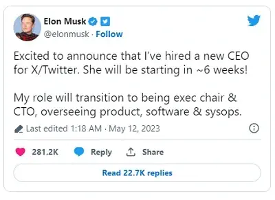 Elon Musk Tweet announcing new Twitter CEO Linda Yaccarino