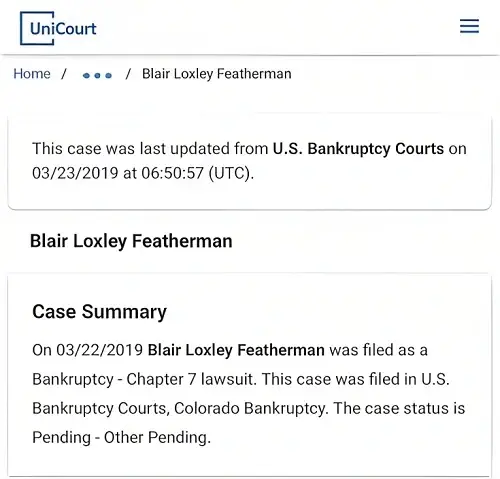 Document confirming Blair Featherman filed for Bankruptcy