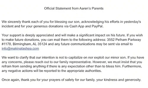 Aaren Rudolph Parents statement