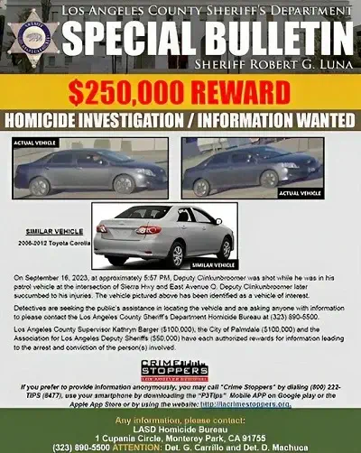 Police is searching for the Deputy Ryan Clinkunbroomer's suspect car
