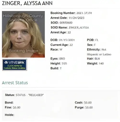 Tampa Woman Alyssa Zinger Arrest Records