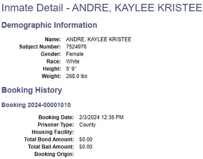 Kaylee Andre was booked on February 3 2024